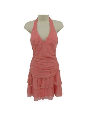 Taboo Juniors Medium Peach Pink Halter Top Dress Layered Gold Glitter Y2K 2000s